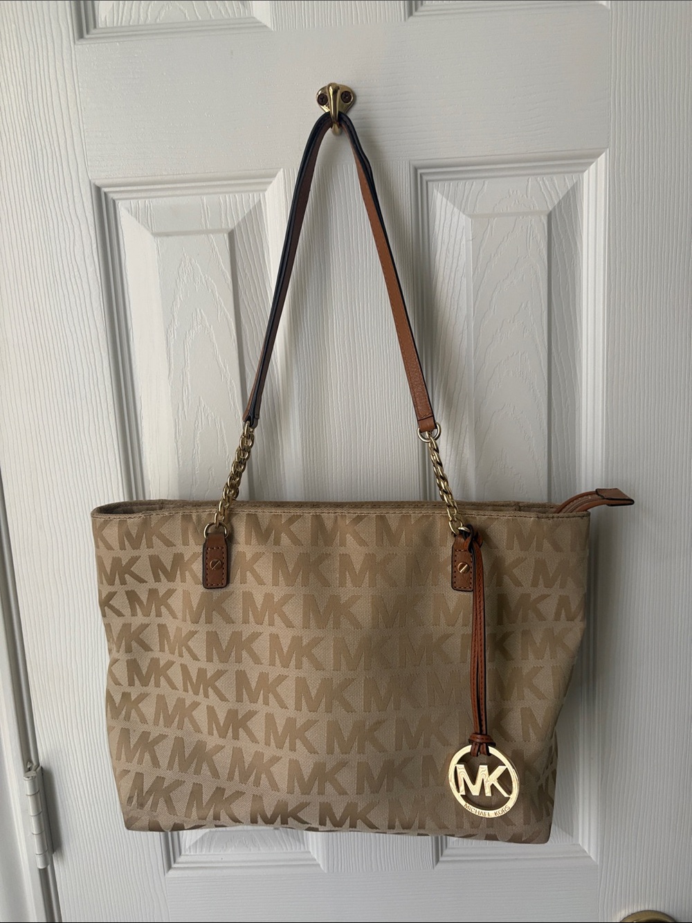 Michael Kors Signature MK Logo Tote in Beige and Brown with Gold Hardware